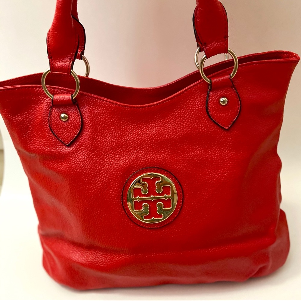 Tory Burch Gold Monogram Red Leather Shoulder Tote